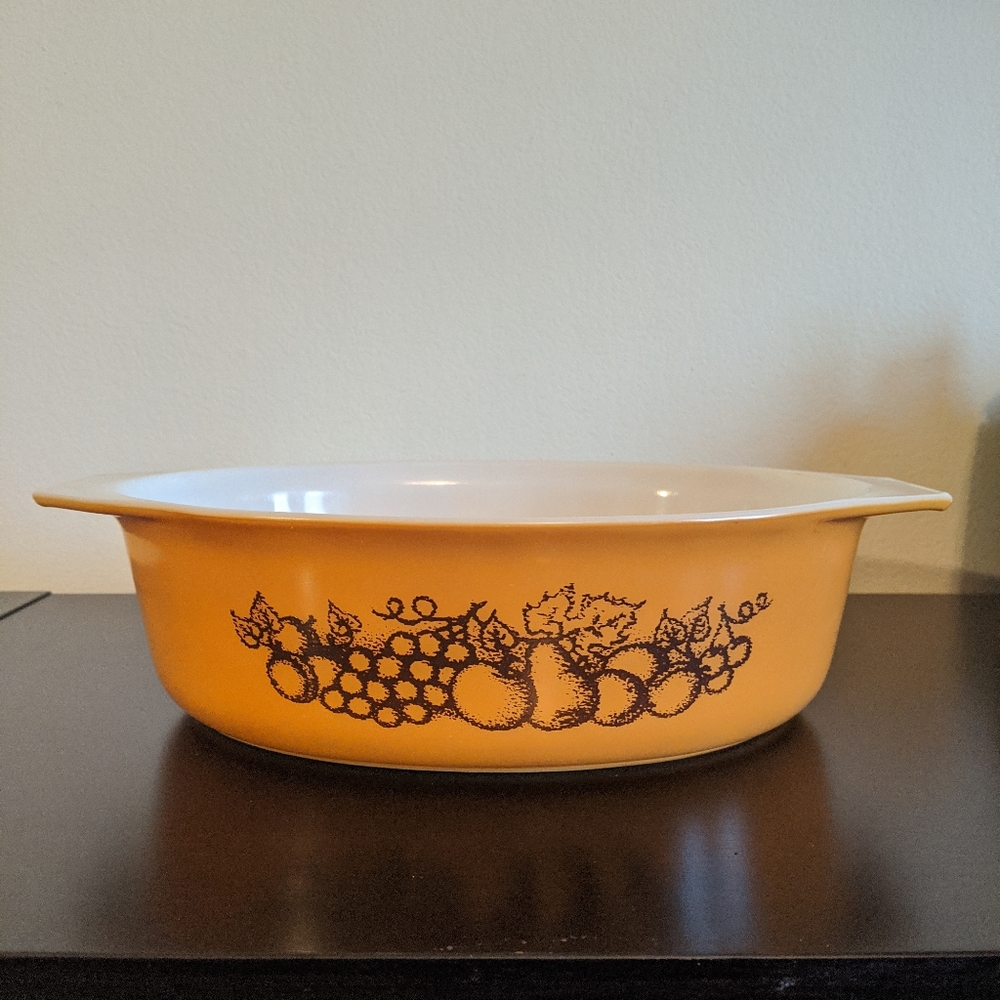 Pyrex Yellow Casserole Dish with Brown Fruit Pattern